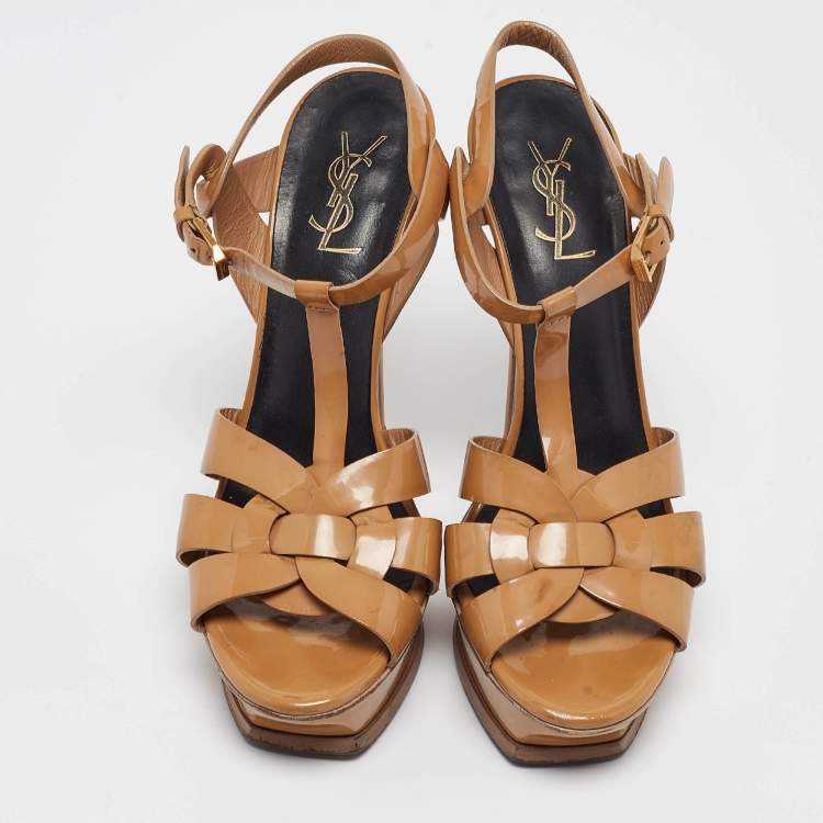 Pre Owned Saint Laurent Beige Patent Leather Tribute Sandals Size 39