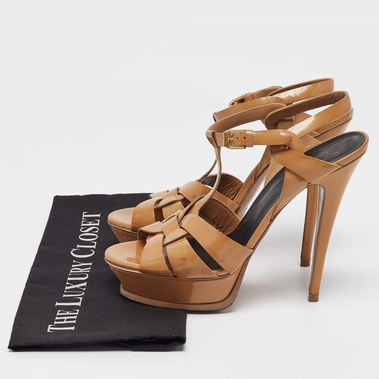 Pre Owned Saint Laurent Beige Patent Leather Tribute Sandals Size 39