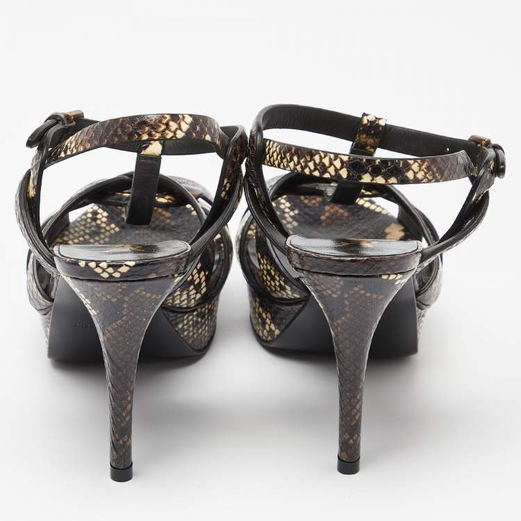 Pre Owned Saint Laurent Brown Python Embossed Leather Tribute Ankle Strap Sandals Size 39