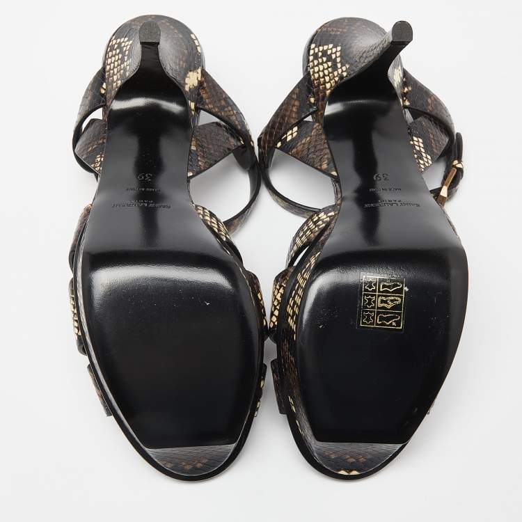 Pre Owned Saint Laurent Brown Python Embossed Leather Tribute Ankle Strap Sandals Size 39