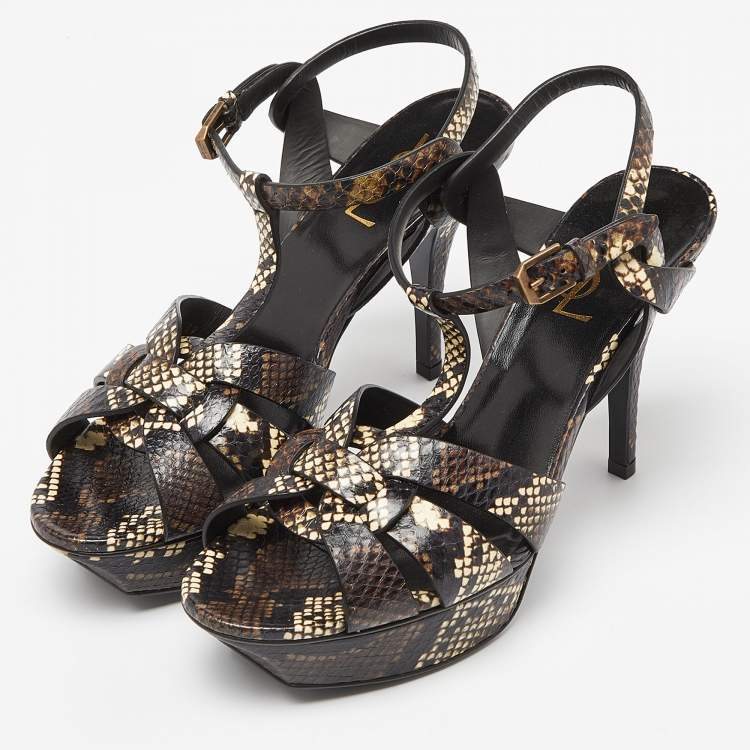 Pre Owned Saint Laurent Brown Python Embossed Leather Tribute Ankle Strap Sandals Size 39