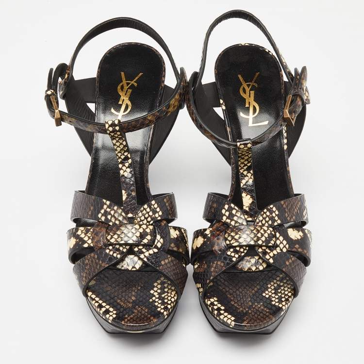 Pre Owned Saint Laurent Brown Python Embossed Leather Tribute Ankle Strap Sandals Size 39