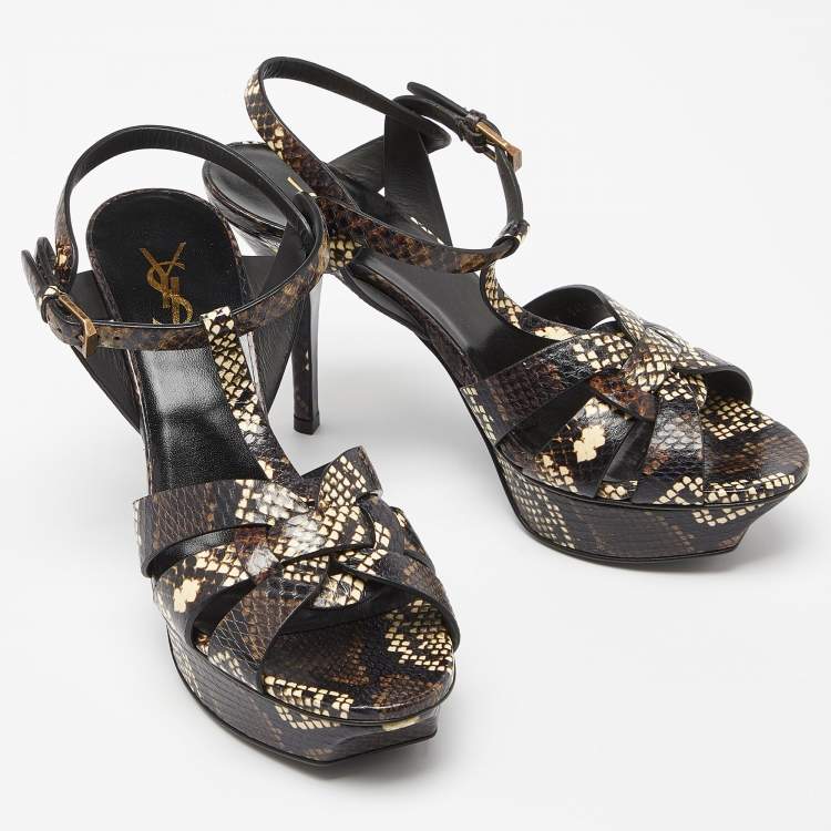 Pre Owned Saint Laurent Brown Python Embossed Leather Tribute Ankle Strap Sandals Size 39