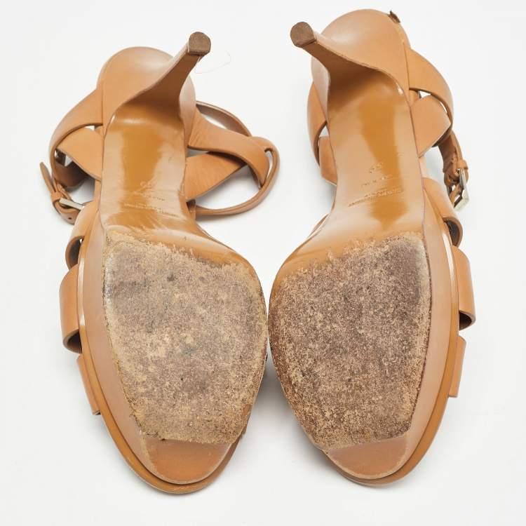 Pre Owned Saint Laurent Brown Leather Tribute Sandals Size 39