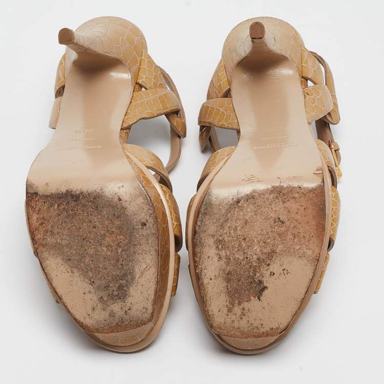 Pre Owned Saint Laurent Beige Croc Embossed Leather Tribute Sandals Size 38.5