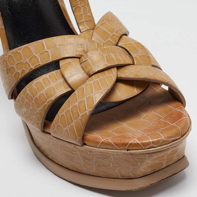 Pre Owned Saint Laurent Beige Croc Embossed Leather Tribute Sandals Size 38.5