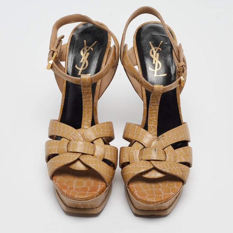 Pre Owned Saint Laurent Beige Croc Embossed Leather Tribute Sandals Size 38.5