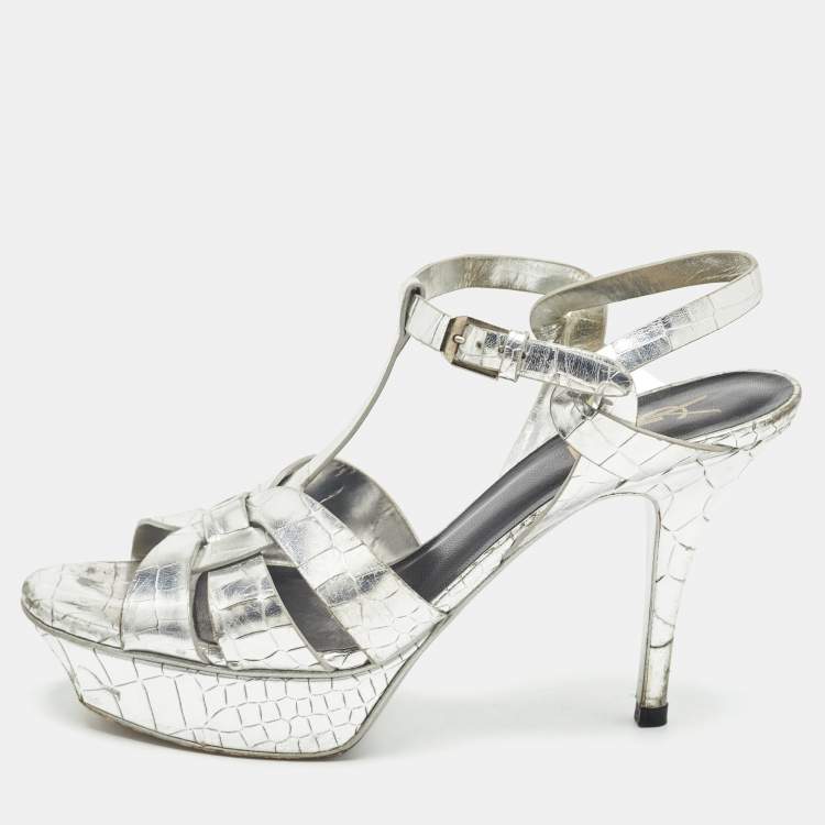 Pre Owned Saint Laurent Paris Silver Croc Embossed Tribute Sandals Size 39