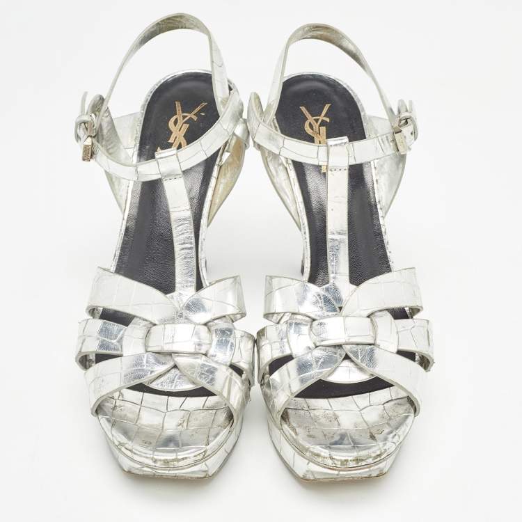 Pre Owned Saint Laurent Paris Silver Croc Embossed Tribute Sandals Size 39