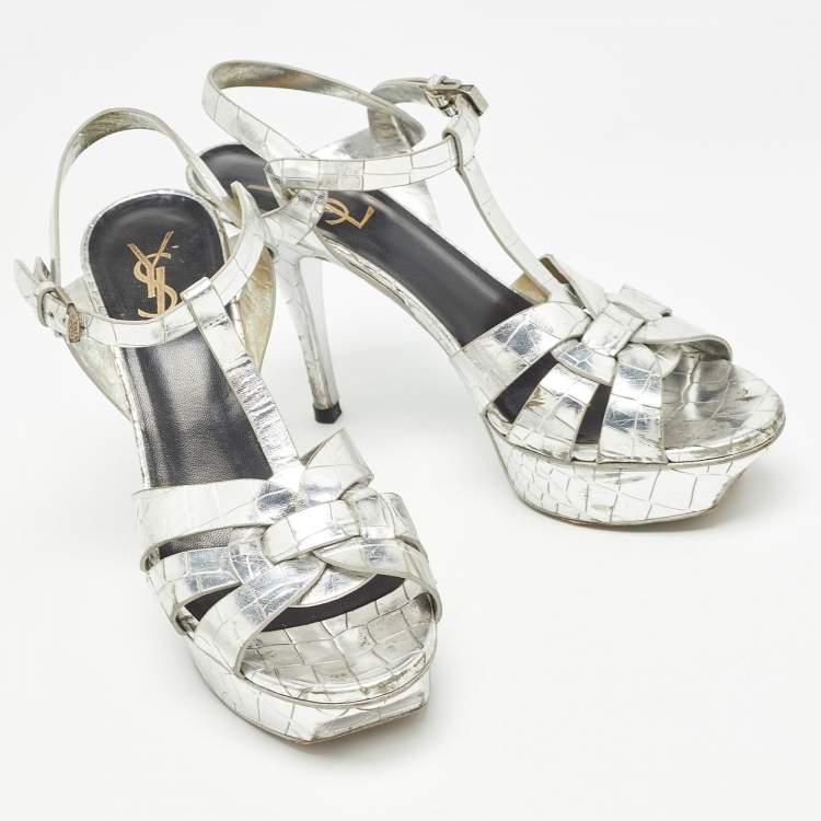Pre Owned Saint Laurent Paris Silver Croc Embossed Tribute Sandals Size 39