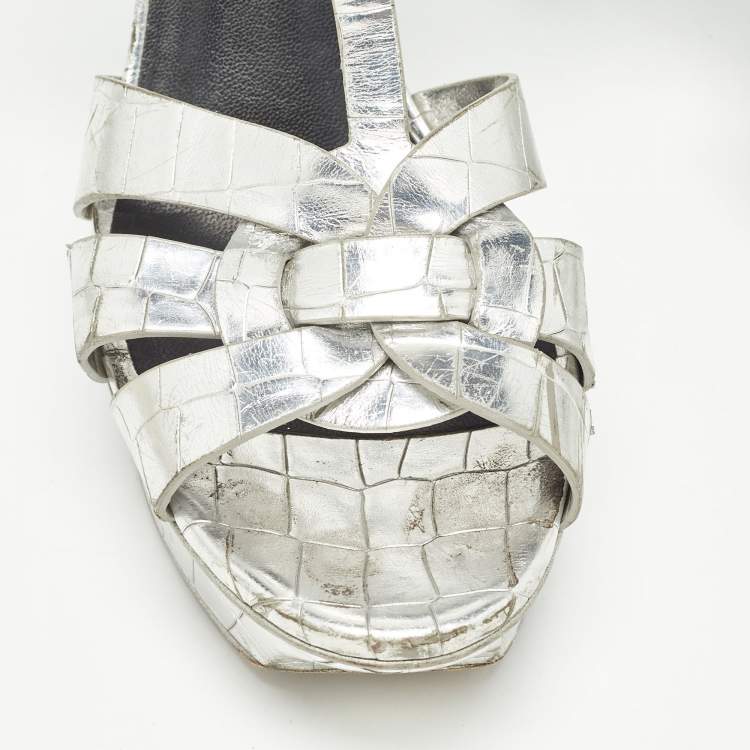 Pre Owned Saint Laurent Paris Silver Croc Embossed Tribute Sandals Size 39