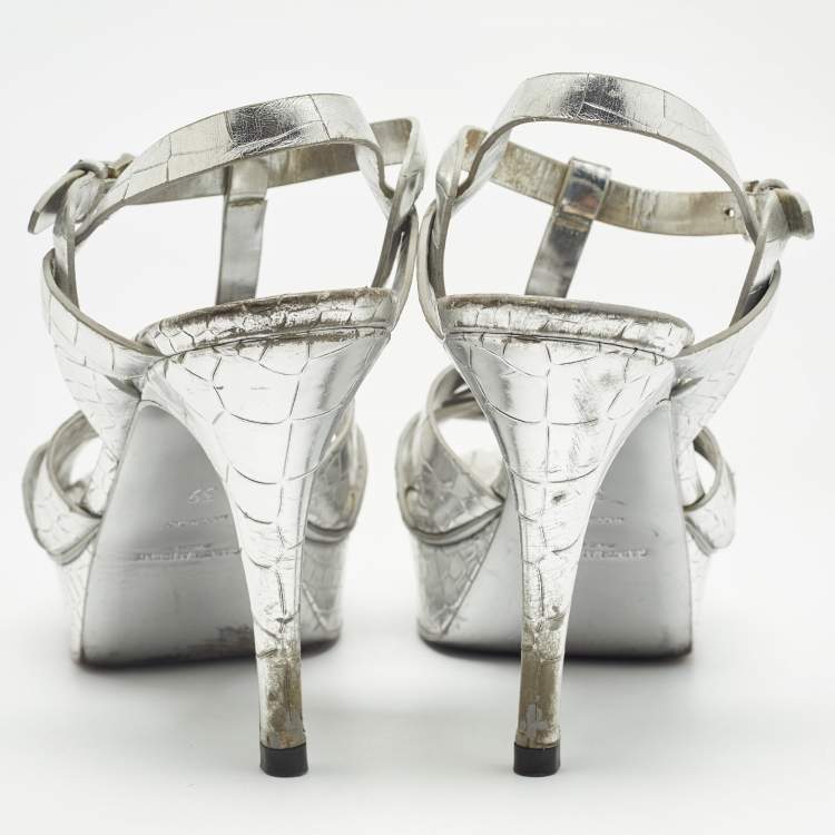 Pre Owned Saint Laurent Paris Silver Croc Embossed Tribute Sandals Size 39