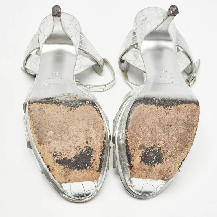 Pre Owned Saint Laurent Paris Silver Croc Embossed Tribute Sandals Size 39