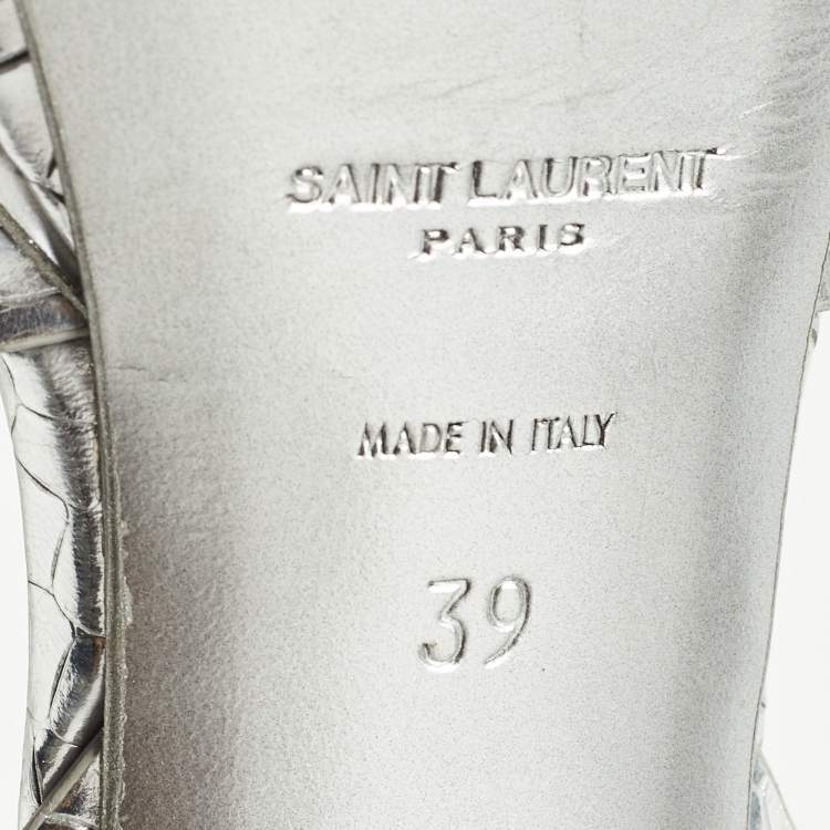 Pre Owned Saint Laurent Paris Silver Croc Embossed Tribute Sandals Size 39
