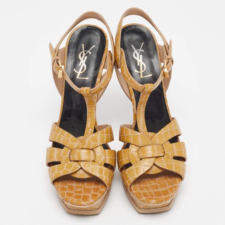 Pre Owned Saint Laurent Brown Croc Embossed Tribute Sandals Size 38.5