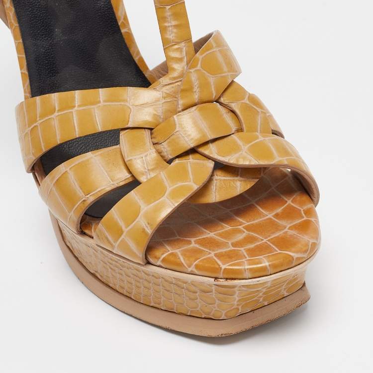 Pre Owned Saint Laurent Brown Croc Embossed Tribute Sandals Size 38.5