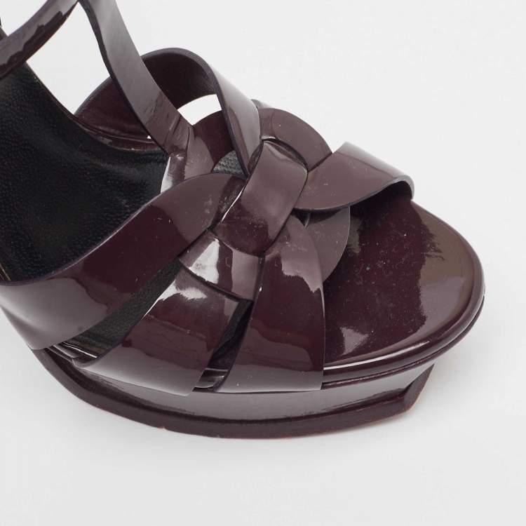 Pre Owned Saint Laurent Burgundy Patent Tribute Sandals Size 40