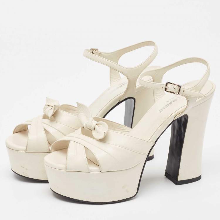 Pre Owned Saint Laurent Off White Leather  Bow Ankle Strap Sandals Size  37.5