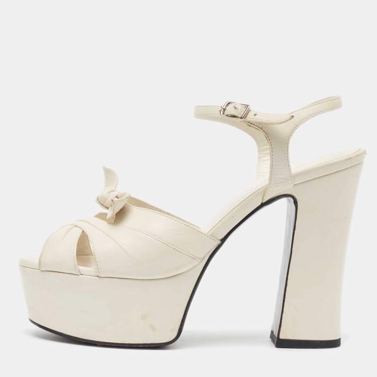 Pre Owned Saint Laurent Off White Leather  Bow Ankle Strap Sandals Size  37.5