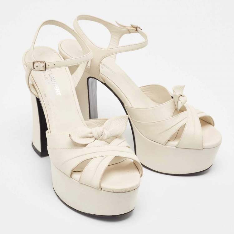 Pre Owned Saint Laurent Off White Leather  Bow Ankle Strap Sandals Size  37.5