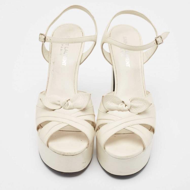 Pre Owned Saint Laurent Off White Leather  Bow Ankle Strap Sandals Size  37.5