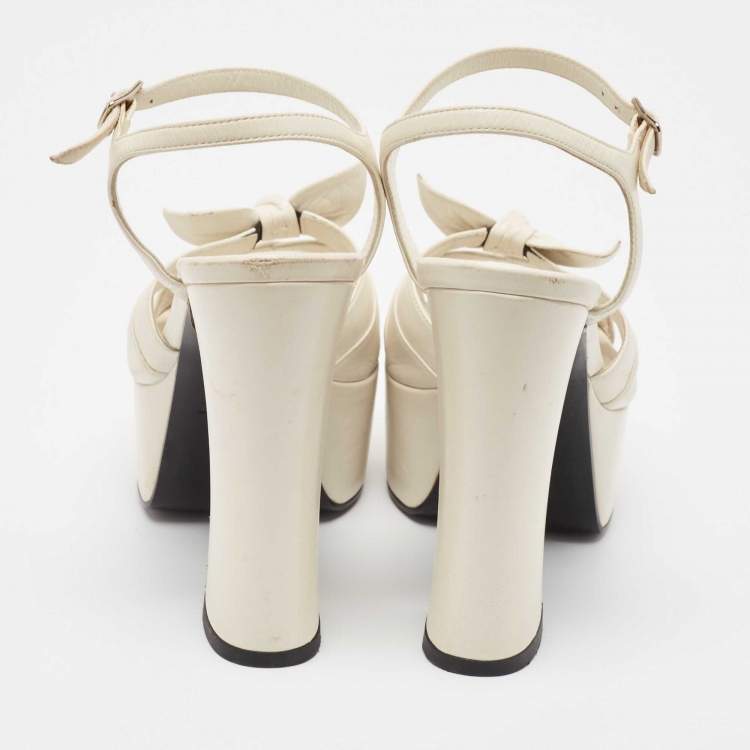 Pre Owned Saint Laurent Off White Leather  Bow Ankle Strap Sandals Size  37.5
