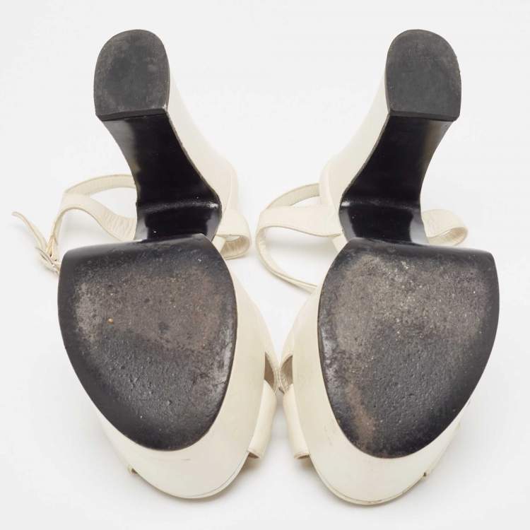 Pre Owned Saint Laurent Off White Leather  Bow Ankle Strap Sandals Size  37.5