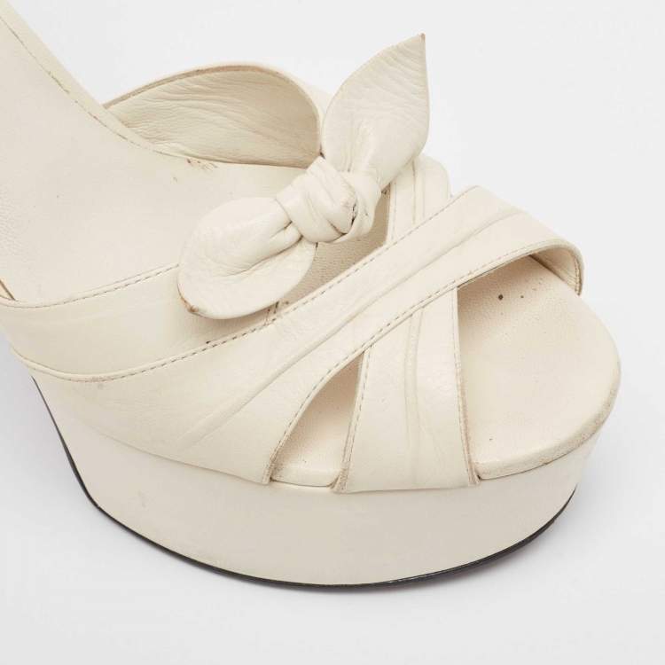 Pre Owned Saint Laurent Off White Leather  Bow Ankle Strap Sandals Size  37.5