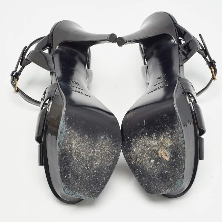 Pre Owned Saint Laurent Black Patent Leather Tribute Ankle Strap Sandals Size 38.5