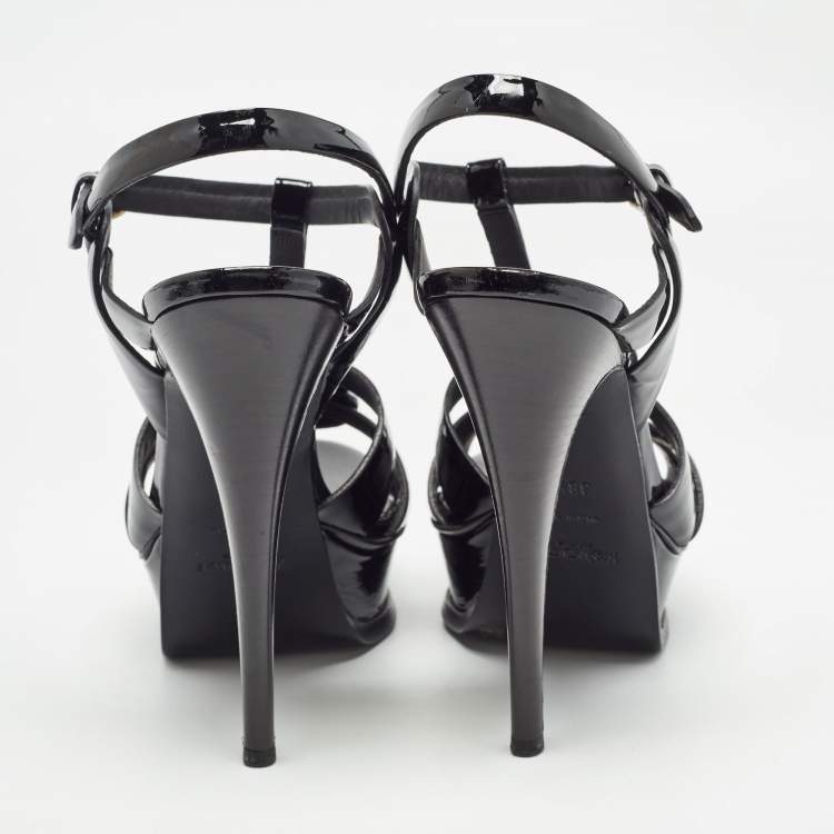 Pre Owned Saint Laurent Black Patent Leather Tribute Ankle Strap Sandals Size 38.5