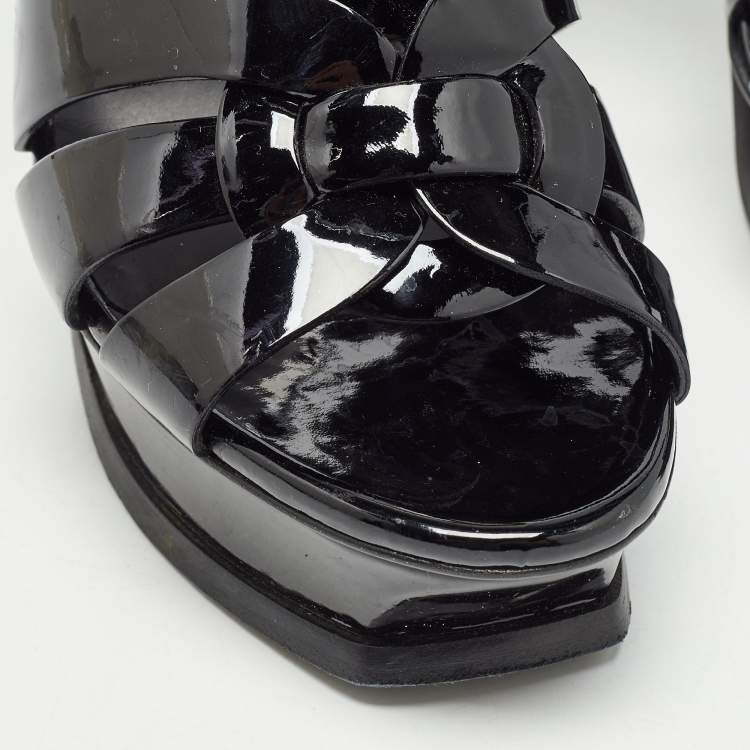 Pre Owned Saint Laurent Black Patent Leather Tribute Ankle Strap Sandals Size 38.5