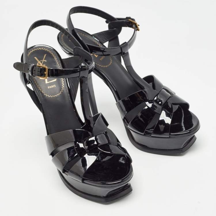 Pre Owned Saint Laurent Black Patent Leather Tribute Ankle Strap Sandals Size 38.5