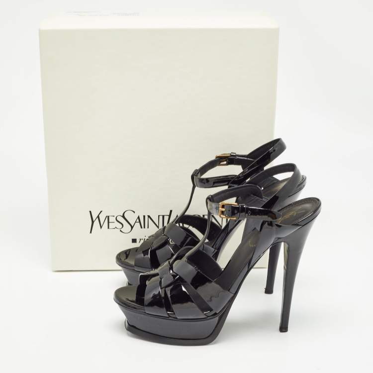 Pre Owned Saint Laurent Black Patent Leather Tribute Ankle Strap Sandals Size 38.5