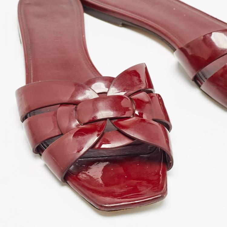 Pre Owned Saint Laurent Paris Burgundy Patent Leather Tribute Flat Slides Size 40.5