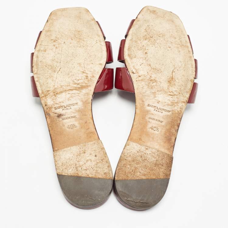 Pre Owned Saint Laurent Paris Burgundy Patent Leather Tribute Flat Slides Size 40.5