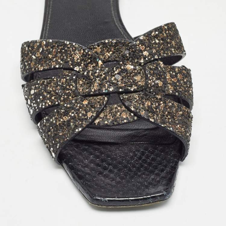 Pre Owned Saint Laurent Black Coarse Glitter Tribute Flat Slides Size 37