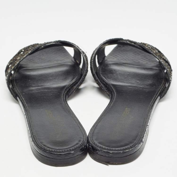 Pre Owned Saint Laurent Black Coarse Glitter Tribute Flat Slides Size 37