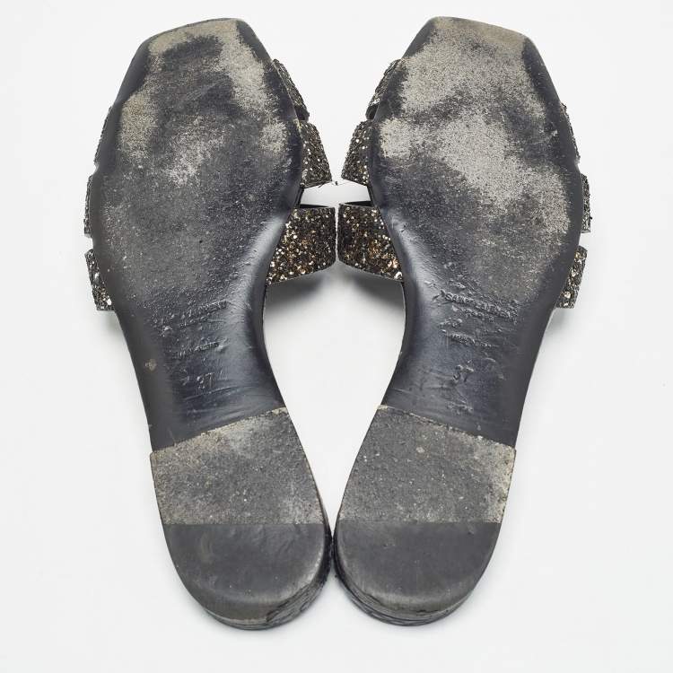 Pre Owned Saint Laurent Black Coarse Glitter Tribute Flat Slides Size 37