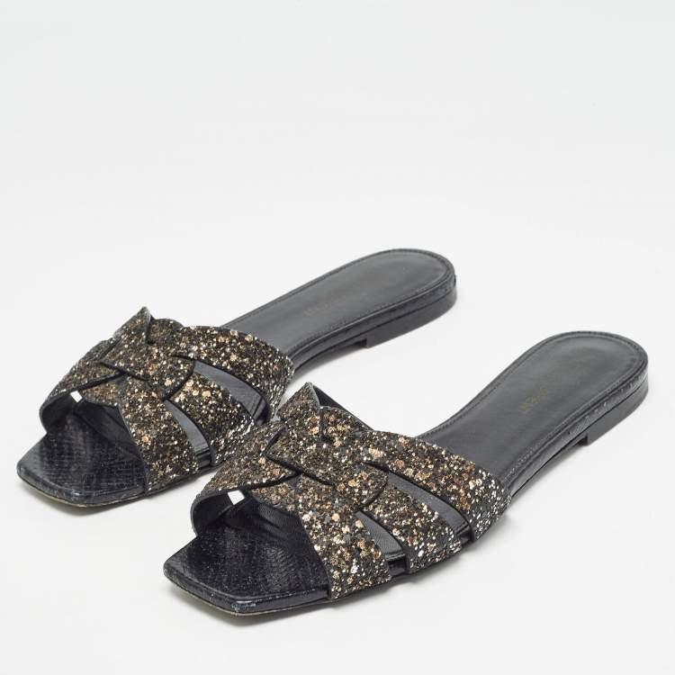 Pre Owned Saint Laurent Black Coarse Glitter Tribute Flat Slides Size 37