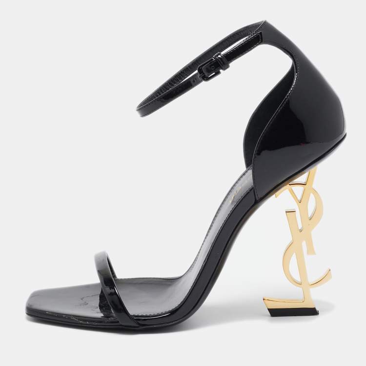 Pre Owned Saint Laurent Black Patent Leather Opyum Ankle Strap Sandals Size 37.5