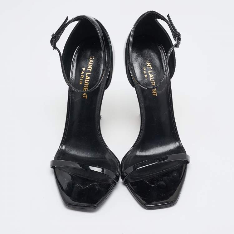 Pre Owned Saint Laurent Black Patent Leather Opyum Ankle Strap Sandals Size 37.5