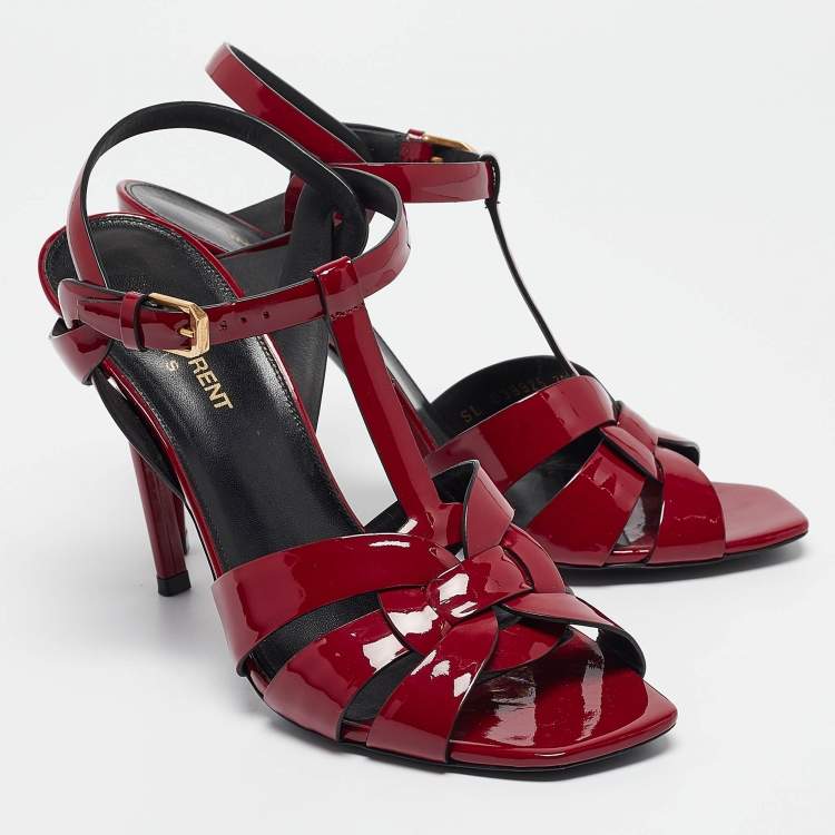 Pre Owned Saint Laurent Burgundy Patent Leather Tribute Sandals Size 39