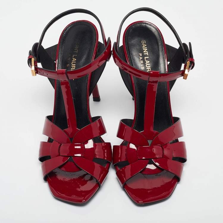 Pre Owned Saint Laurent Burgundy Patent Leather Tribute Sandals Size 39