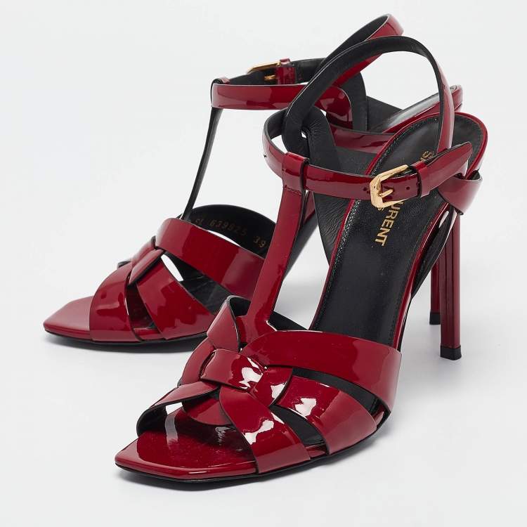 Pre Owned Saint Laurent Burgundy Patent Leather Tribute Sandals Size 39