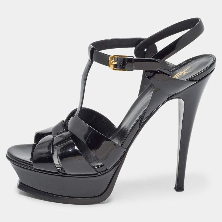 Pre Owned Saint Laurent Black Patent  Leather Tribute Sandals Size 39