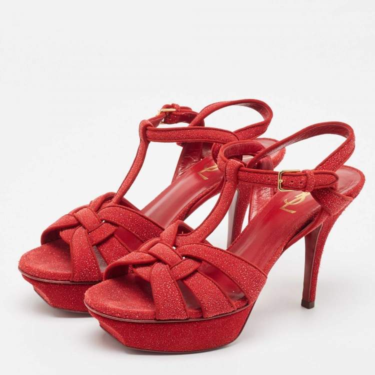 Pre Owned Saint Laurent Red Crystal Suede Tribute  Ankle Strap Sandals Size 38
