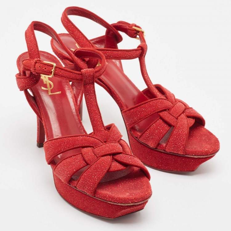 Pre Owned Saint Laurent Red Crystal Suede Tribute  Ankle Strap Sandals Size 38