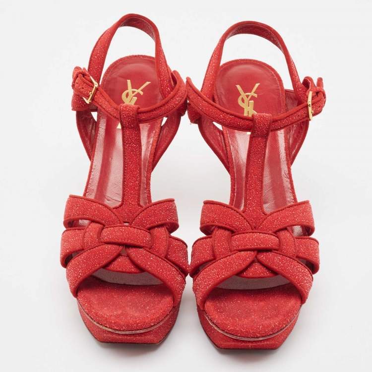 Pre Owned Saint Laurent Red Crystal Suede Tribute  Ankle Strap Sandals Size 38
