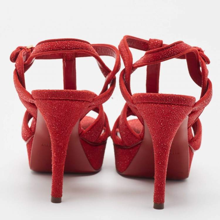Pre Owned Saint Laurent Red Crystal Suede Tribute  Ankle Strap Sandals Size 38
