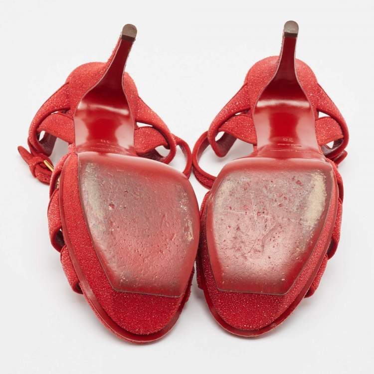Pre Owned Saint Laurent Red Crystal Suede Tribute  Ankle Strap Sandals Size 38